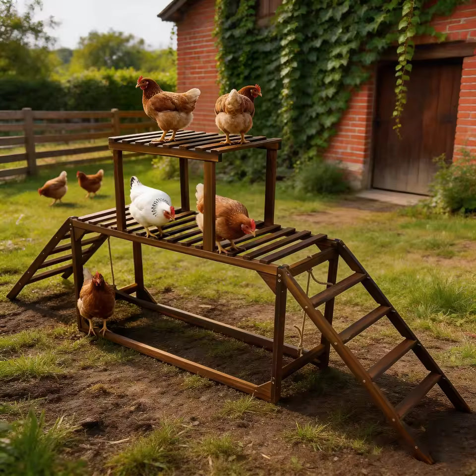 Pine wood multi-tier chicken perch and swing set with climbing ladders in an outdoor yard, occupied by several chickens.
