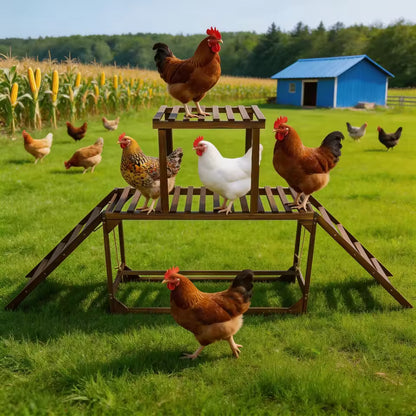 Several chickens playing on a multi-tiered wooden perch and swing in a grassy field.
