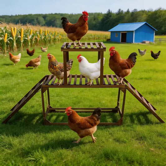 Several chickens playing on a multi-tiered wooden perch and swing in a grassy field.