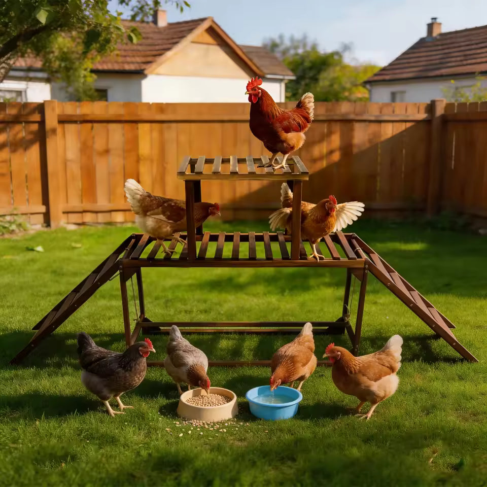 Chickens eating and drinking from bowls in front of a wooden perch set on grass.