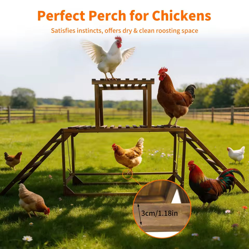 Wooden chicken perch with text "Perfect Perch for Chickens" and an inset showing a 3cm/1.18in thickness.