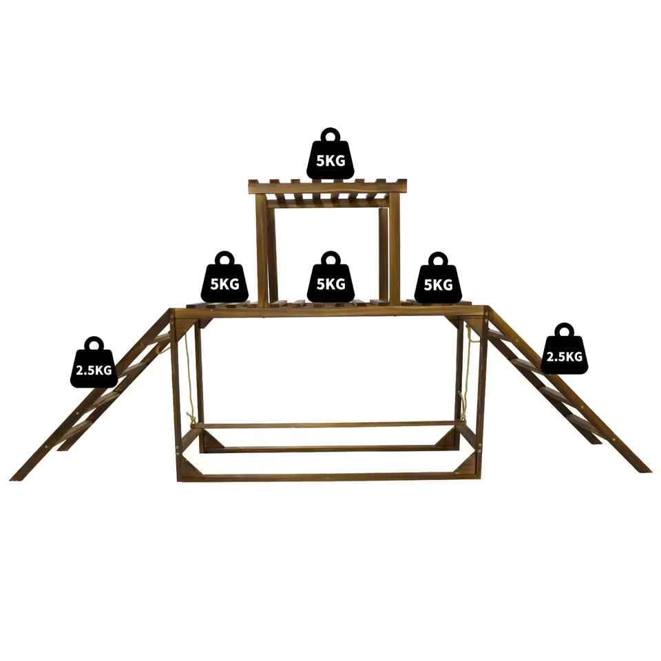 Wooden chicken perch and swing set demonstrating weight capacities of 5KG and 2.5KG.