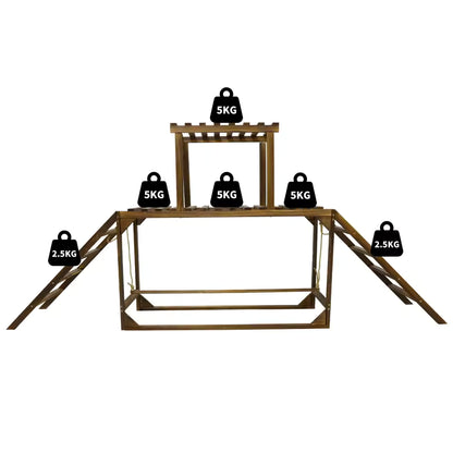 Wooden chicken perch and swing set demonstrating weight capacities of 5KG and 2.5KG.
