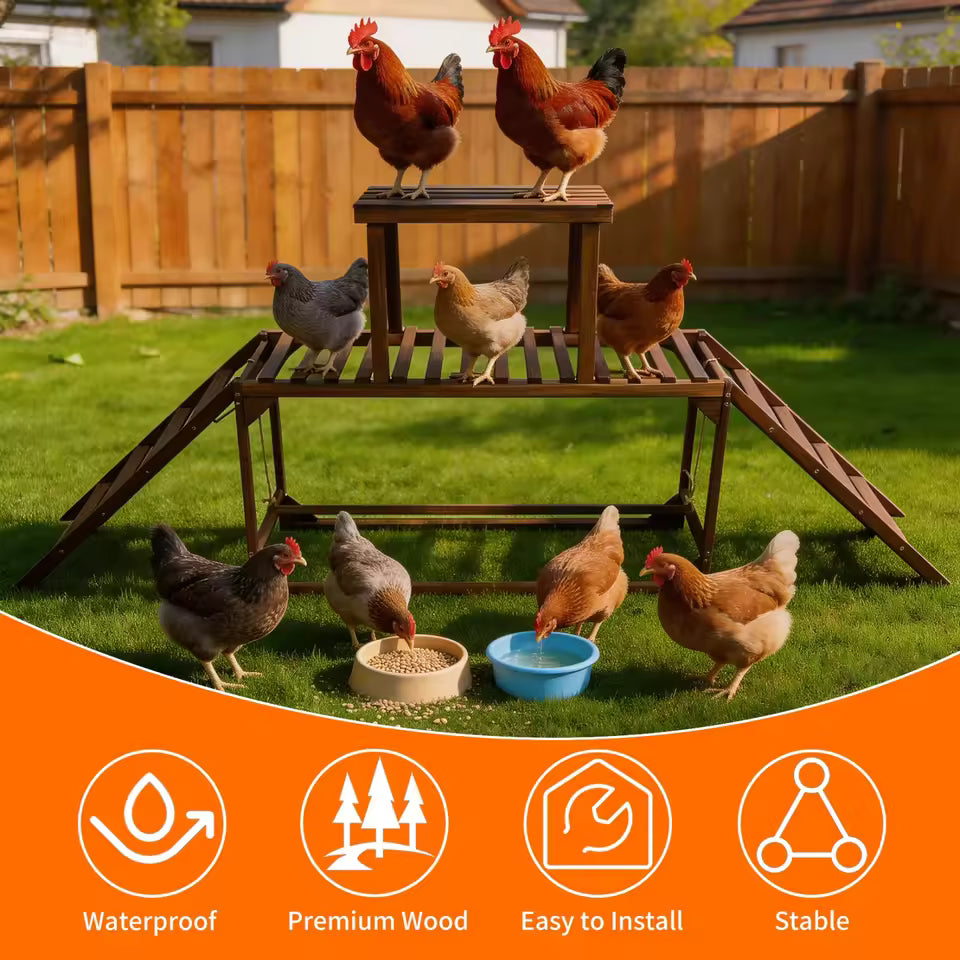 Chickens on and around a wooden perch set, with icons highlighting features like waterproof and stable.