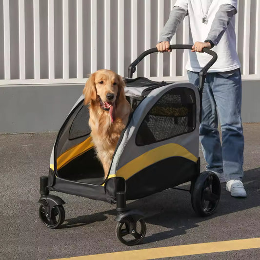 Golden Retriever riding in a gray and yellow pet stroller pushed outdoors by a person.