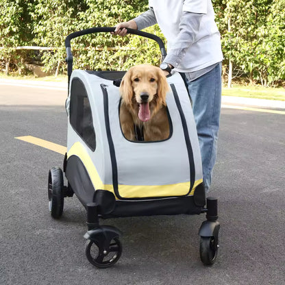 Golden Retriever looking out from a zipped front window of a pet stroller outdoors.
