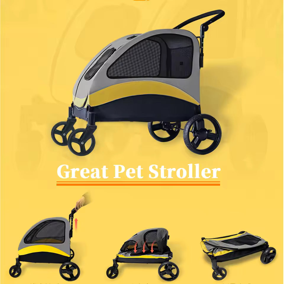 Gray and yellow foldable pet stroller demonstrated folding down step-by-step against a yellow background.