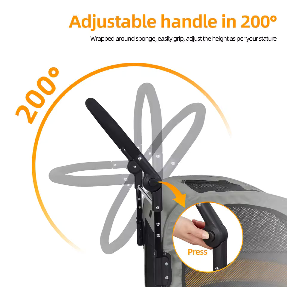 Diagram showing a 200° adjustable pet stroller handle with a sponge grip, adjusted by pressing a side button.