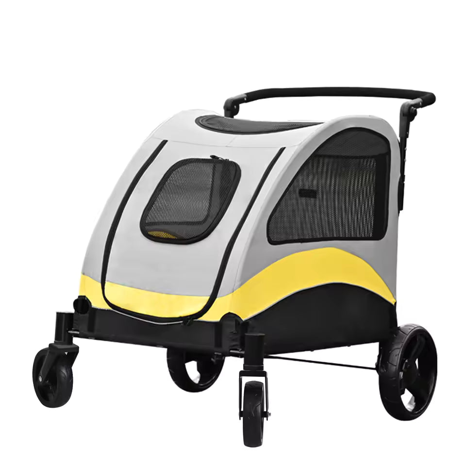 Gray and yellow four-wheeled pet stroller shown isolated on a white background.