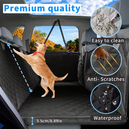 Dog car seat cover highlighting waterproof, scratch-proof, and easy-to-clean features.