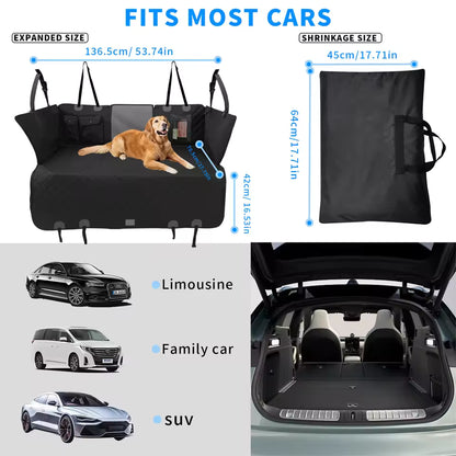 Diagram showing the dimensions and car compatibility of the dog seat cover, with an expanded size of 136.5cm by 70.5cm and shrinkage size of 45cm by 64cm.