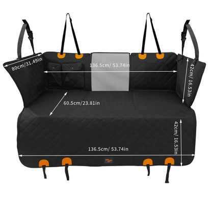 Black dog car seat cover with labeled dimensions showing 136.5cm width and pockets.