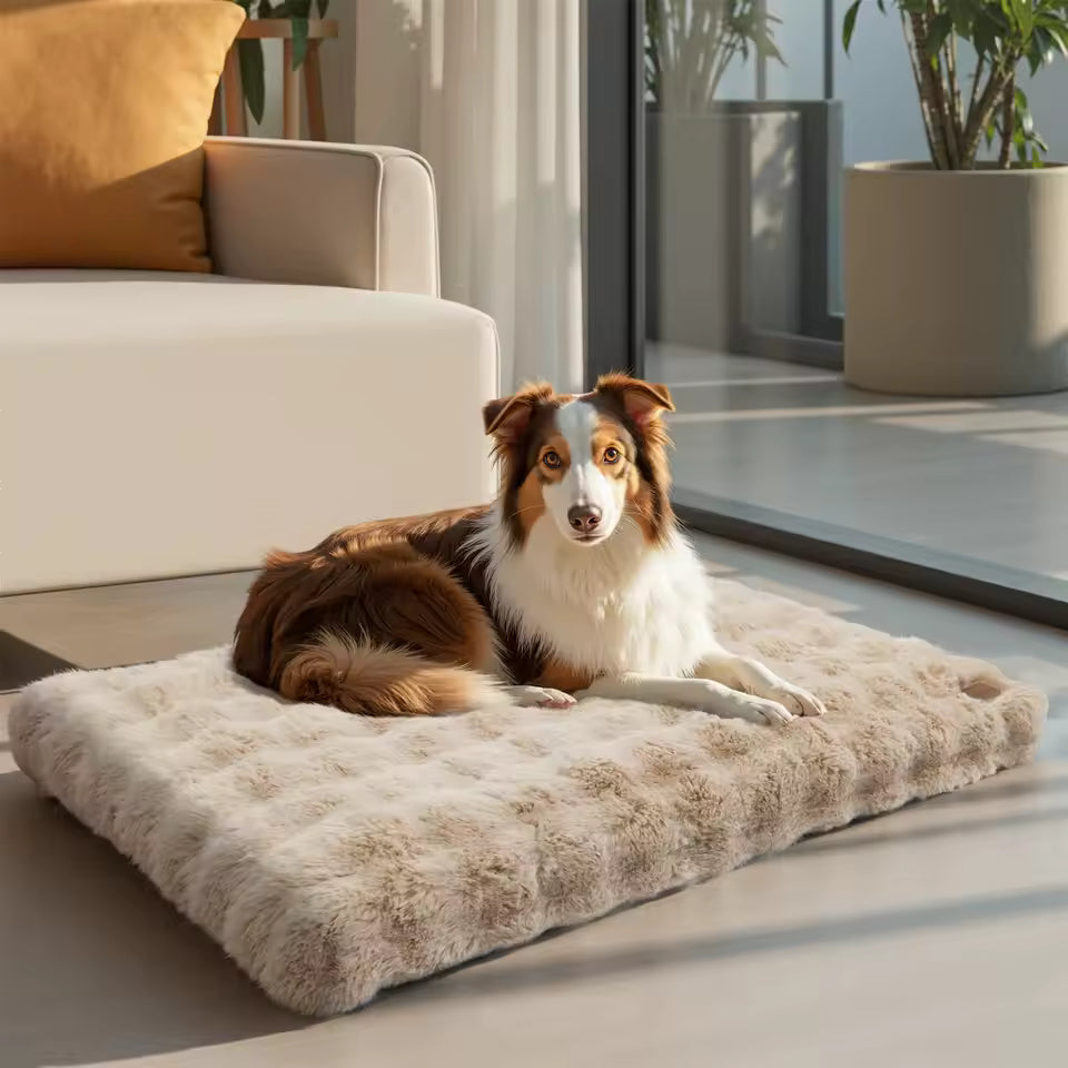Brown and white dog lies on a fluffy, beige faux-fur crate bed on a floor near a sofa.