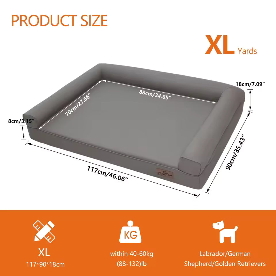 Grey extra-large dog bed with dimensions, supporting pets up to 40–60kg, suitable for Labradors and German Shepherds.