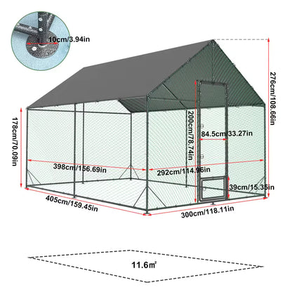Technical diagram displaying the dimensions and layout of the extra-large metal chicken coop, detailing height, width, and an inner area of 11.6 square meters.