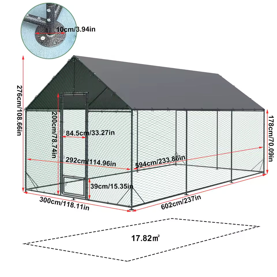 Technical diagram displaying the dimensions and layout of the XXL metal chicken coop, detailing an inner area of 17.82 square meters.