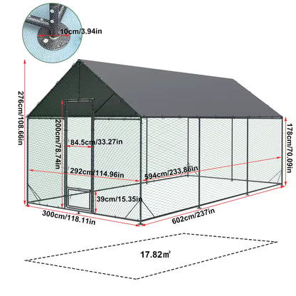 Technical diagram displaying the dimensions and layout of the XXL metal chicken coop, detailing an inner area of 17.82 square meters.