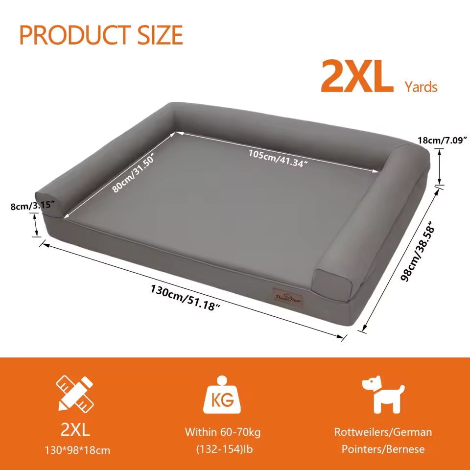 Grey 2XL extra-large dog bed with dimensions, supporting pets up to 60–70kg, suitable for Rottweilers and German Pointers.